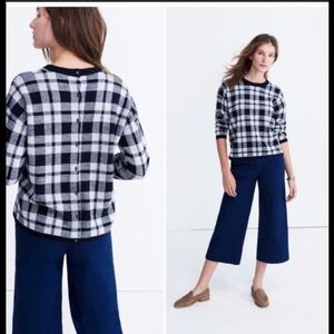 Madewell Merino Wool cream/blue plaid button back crew sweater